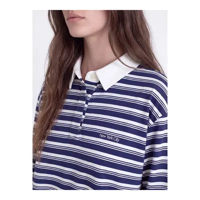 Lacivert Polo Yaka Çizgili Kadın Sweatshirt Tunik