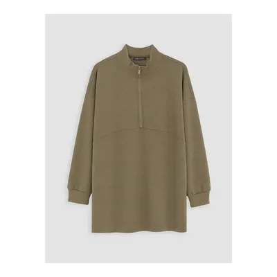 Haki Dik Yaka Soft Touch Kadın Sweatshirt Tunik