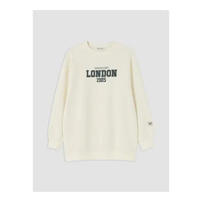 Bej Baskılı Oversize Kadın Kalın Sweatshirt Tunik