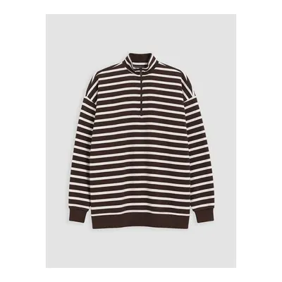Ekru Çizgili Kadın Kalın Sweatshirt Tunik