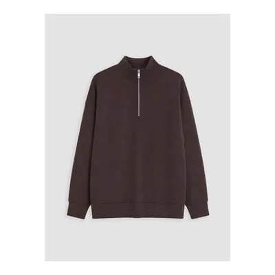 Kahverengi Dik Yaka Soft Touch Kadın Sweatshirt