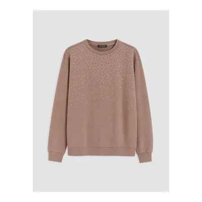 Kahverengi Bisiklet Yaka Taşlı Kadın Sweatshirt