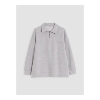 Gri Dik Yaka Oversize Kadın Sweatshirt