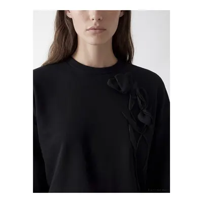 Siyah Soft Touch Gül Aplikeli Kadın Sweatshirt Tunik