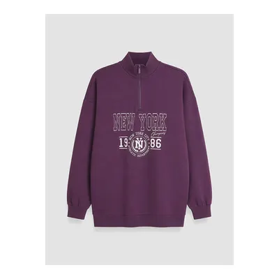 Mor Baskılı Kadın Kalın Sweatshirt Tunik