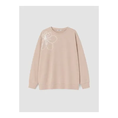 Bej Büyük Beden Nakışlı Kadın Sweatshirt