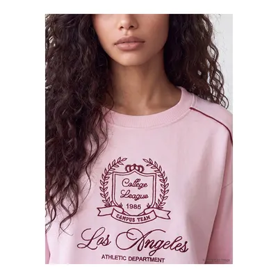 Pembe Nakışlı Oversize Kadın Kalın Sweatshirt