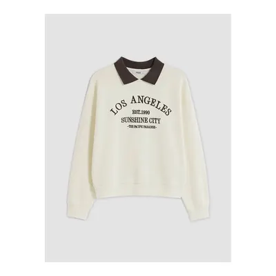 Bej Polo Yaka Oversize Kadın Kalın Sweatshirt