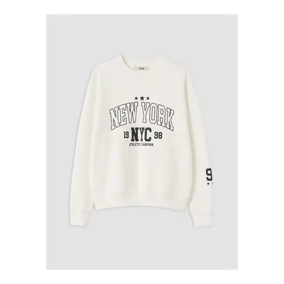 Beyaz Nyc Baskılı Oversize Kadın Kalın Sweatshirt