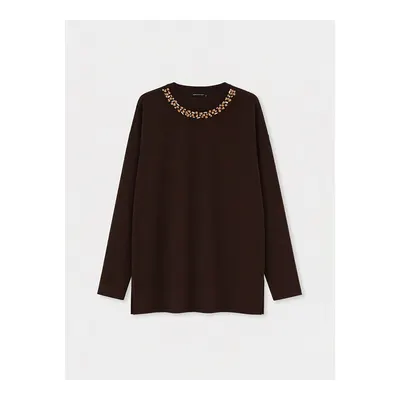 Kahverengi Soft Touch Taşlı Oversize Kadın Sweatshirt Tunik