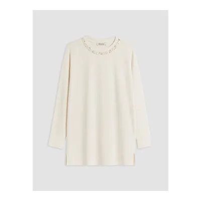 Ekru Taşlı Soft Touch Oversize Kadın Sweatshirt Tunik