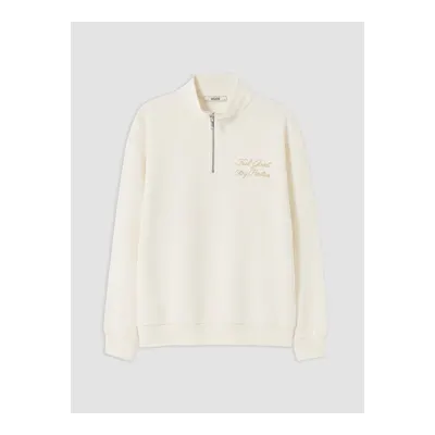 Bej Nakışlı Oversize Kadın Kalın Sweatshirt