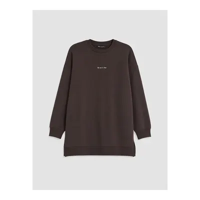 Kahverengi Nakışlı Kadın Kalın Sweatshirt Tunik