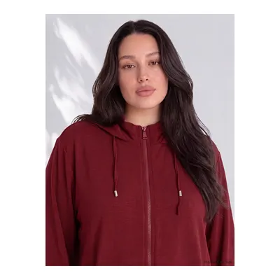 Bordo Büyük Beden Kapüşonlu Kadın Sweatshirt Tunik