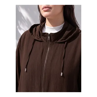 Kahverengi Büyük Beden Kapüşonlu Kadın Sweatshirt Tunik