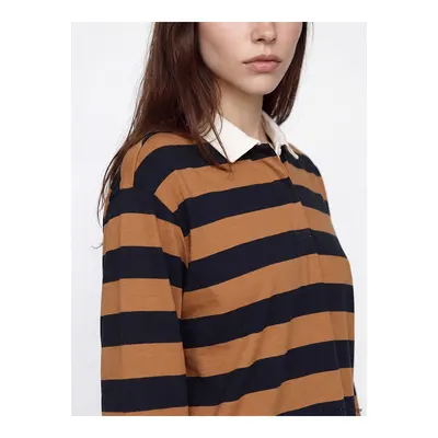 Kahverengi Polo Yaka Çizgili Kadın Sweatshirt