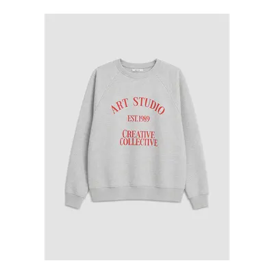 Gri Baskılı Oversize Kadın Kalın Sweatshirt