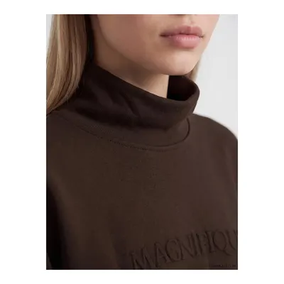 Kahverengi Yarım Balıkçı Yaka Baskılı Kadın Sweatshirt