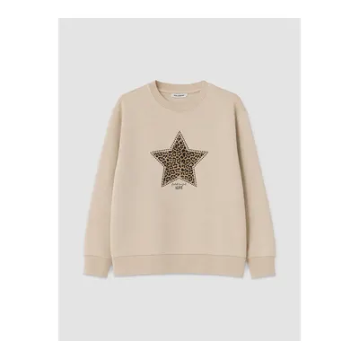 Bej Leoparlı Yıldız Baskılı Kadın Kalın Sweatshirt