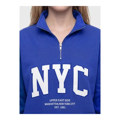 Mavi Nakışlı Oversize Kadın Kalın Sweatshirt