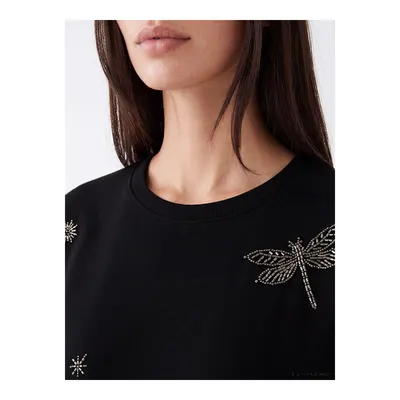 Siyah Boncuk İşlemeli Oversize Kadın Sweatshirt Tunik