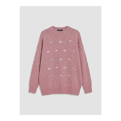 Pembe Bisiklet Yaka Çiçek Nakışlı Kadın Triko Tunik