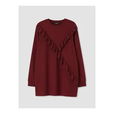 Bordo Bisiklet Yaka Fırfırlı Kadın Sweatshirt Tunik