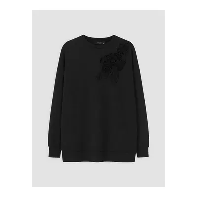 Siyah Çiçek Aplikeli Soft Touch Kadın Sweatshirt Tunik