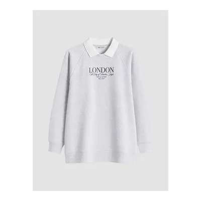 Gri Polo Yaka Oversize Kadın Sweatshirt Tunik
