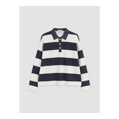 Beyaz Polo Yaka Çizgili Kadın Sweatshirt