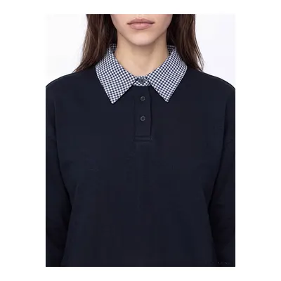 Lacivert Polo Yaka Ekose Kadın Sweatshirt Tunik