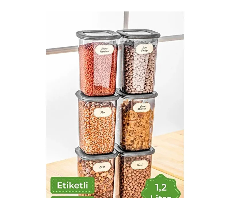 Vienev Etiketli Kare Erzak Saklama Kabı 6'lı Set Orta Boy 1,2 Litre Antrasit, görsel 1