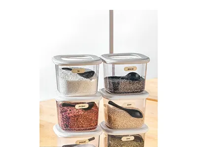 Vienev Etiketli Kaşıklı Kare Erzak Saklama Kabı 6'lı Set Küçük Boy 0,55 Litre Beyaz