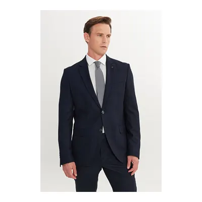 Slim Fit Dar Kesim Mono Yaka Armürlü Esnek Lacivert Takım Elbise