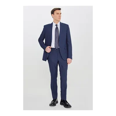 Slim Fit Dar Kesim Mono Yaka Desenli Lacivert-Mavi Takım Elbise