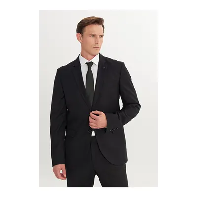 Slim Fit Dar Kesim Mono Yaka Armürlü Esnek Siyah Takım Elbise