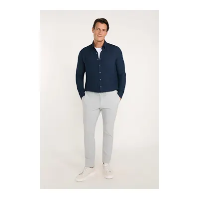 Slim Fit Dar Kesim Beli Bağlamalı Yan Cepli Gofre Desenli Esnek Beyaz-Gri Pantolon
