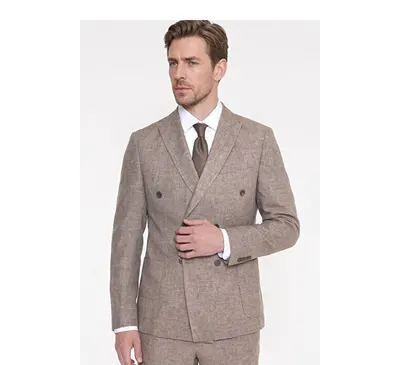 Keten Slim Fit Dar Kesim Kırlangıç Yaka Torba Cepli Çizgili Kruvaze Kahverengi Takım Elbise