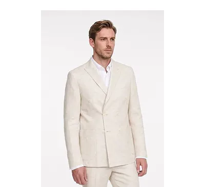 Keten Slim Fit Dar Kesim Kırlangıç Yaka Normal Bel Torba Cepli Desenli Bej Takım Elbise