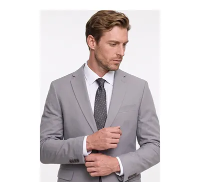 Keten Pamuklu Slim Fit Dar Kesim Mono Yaka Kapak Cepli Gri Takım Elbise