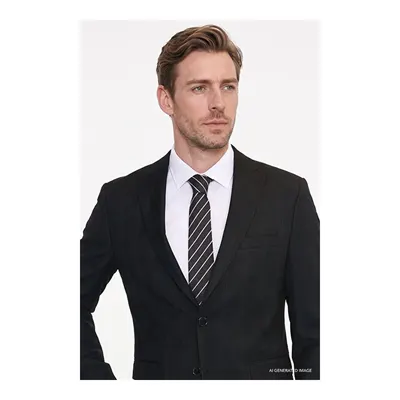 Slim Fit Dar Kesim Kırlangıç Yaka Kapak Cepli Kareli Siyah Takım Elbise