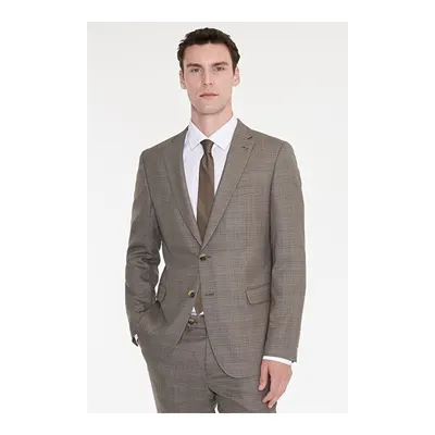 Yünlü Slim Fit Dar Kesim Mono Yaka Kapak Cepli Desenli Esnek Bej Takım Elbise