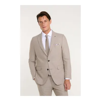 Slim Fit Dar Kesim Kırlangıç Yaka Kapak Cepli Bej Takım Elbise