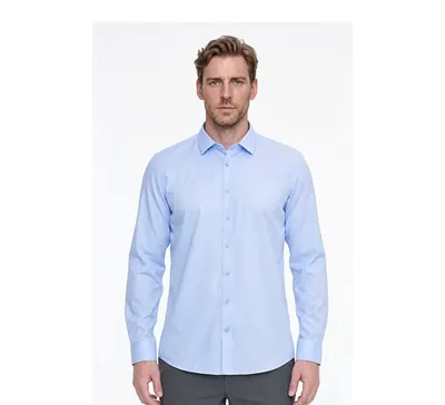 Non-Iron Ütü Gerektirmeyen %100 Pamuk Slim Fit Dar Kesim Klasik Yaka Mavi Gömlek