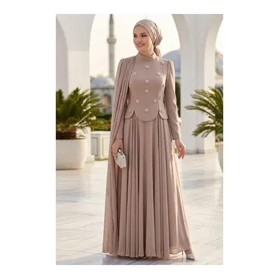 Neva Style Adriana Koyu Bej İnci Detaylı Pelerinli Tesettür Abiye 5680KBEJ