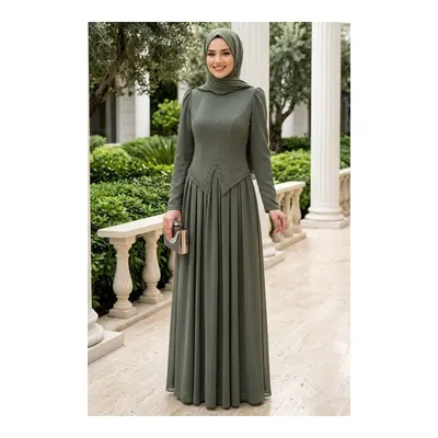 Neva Style Adriana Koyu Haki Taş Detaylı Tesettür Abiye 21592KHK