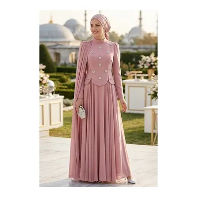 Neva Style Adriana Pudra İnci Detaylı Pelerinli Tesettür Abiye 5680PD