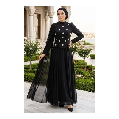 Neva Style Adriana Siyah İnci Detaylı Pelerinli Tesettür Abiye