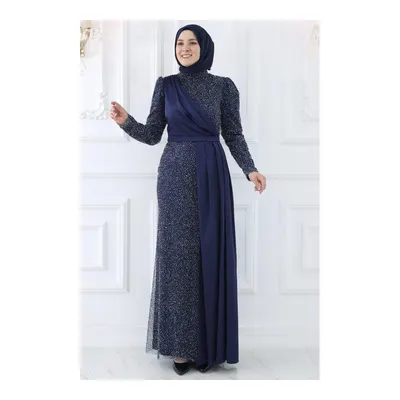 Amine Hüma Tesettür Abiye Elbise 150 cm Lacivert