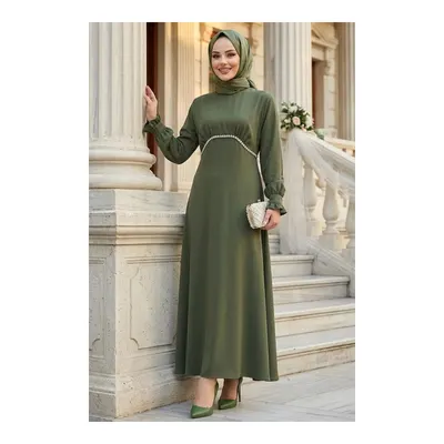 Neva Style Boncuk Detaylı Haki Tesettür Saten Abiye Elbise 62471HK